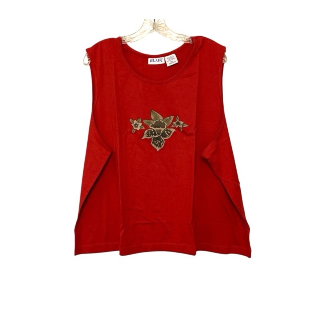 Blair Sleeveless Red Tank Top with Floral Detail Cotton  - Women’s 3XL   NEW